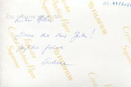 Rückseite: Christine Cadotsch (Nichte von Bob Steffen) am Strand, "Lieber Bobes, gönne dir etwas Gutes! Herzliche Grüsse, Christine", um 2000