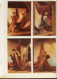 Oben links: Draperie von edlen Stoffen; oben rechts: Draperie inklusive Strohhut und Damenschuhen; unten links: Draperie inklusive Regenschirm und Damenschuh; unten rechts: Draperie; Ausstellung «Seide» im Stadthaus Zürich, Bob Steffen, 1983