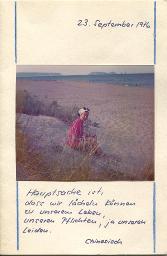 Karte von Cathérine Feller (Nichte von Bob Steffen) and Thekla Maria Steffen-Eigenmann (Mutter von Bob Steffen), Vorderseite; "Hauptsache ist, dass wir lächeln können zu unserem Leben, unseren Pflichten, ja unseren Leiden", 23.09.1976
