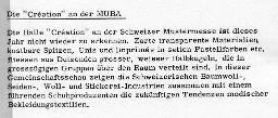 Rückseite: "Zarte transparente Materialien, kostbare Spitzen, Unis und Imprimés in satten Pastellfarben [...]"; "Création", Mustermesse Basel (muba), Bob Steffen, um 1970