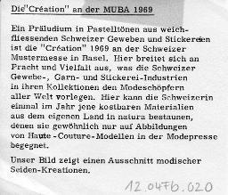 Bildlegende, "Ein Präludium in Pastelltönen aus weichfliessenden Schweiter Geweben und Stickereien ist die 'Création', 1969 an der Schweizer Mustermesse in Basel" (muba), 1969