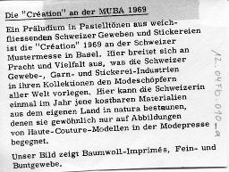 Rückseite: "Ein Präludium in Pastelltönen aus weichfliessenden Schweizer Geweben und Stickereien [...]"; "Création", Mustermesse Basel (muba), Bob Steffen, 1969
