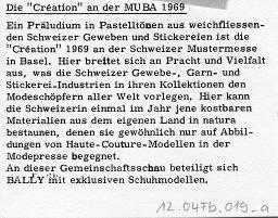 Rückseite: "An dieser Gemeinschaftsschau beteiligt sich BALLY mit exklusiven Schuhmodellen"; "Création", Mustermesse Basel (muba), Bob Steffen, 1969