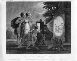 Szenerie mit Putto der eine Laterna Magica zeigt
