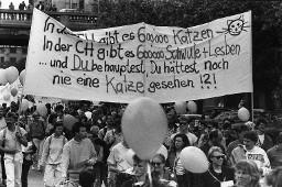 Demonstranten mit Plakat "In der CH gibt es 600'000 Katzen - In der CH gibt es 600'000 Schwule + Lesben... Und du behauptest, Du hättest noch nie eine Katze gesehen!?!"