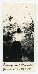 Flyer Frau mit Pfeil und Bogen "Kampf und Hingabe Zürich 19.6.-24.6.89"