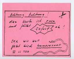 Rosa Flyer "Achtung Achtung! diese Karte ist rosa und färbt sofort ab! Sex wis well jetzt bisch homosexuell LS FBB" (Frauenbefreiungsbewegung
