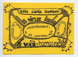 Gelber Flyer "Cette carte contient: le virus lesba maintenant: tu es contaminée le voilà: homosexuelle FBB" (Frauenbefreiungsbewegung 04.07.1981)