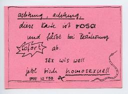 Rosa Flyer "Achtung, Achtung diese Karte ist rosa und färbt bei Berührung sofort ab. Sex wis well jetzt bisch homosexuell LS FBB" (Frauenbefreiungsbewegung)