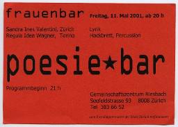 Flyer "frauenbar poesie bar Gemeinschaftszentrum Riesbach 11. Mai 2001"