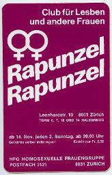 Flyer "(Doppeltes Venuszeichen) Club für Lesben und andere Frauen Rapunzel Rapunzel HFG Homosexuelle Frauengruppe"