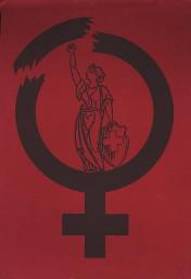 Rotes Plakat mit Venuszeichen, im Venuszeichen steht Helvetia mit erhobener Faust und sprengt das Frauensymbol