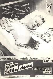 Plakat: Mann im Bett liegend und schafend " Schhhhh... väck honom inte... KAPUTT allerletzte kleine Schlafdemo Tessinerplatz SA 14 Uhr 18.12.82 "