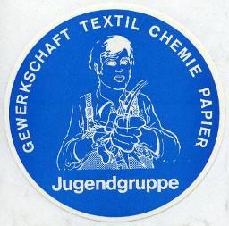 Aufkleber mit der Beschriftung: "Gewerkschaft Textil Chemie Papier: Jugendgruppe"