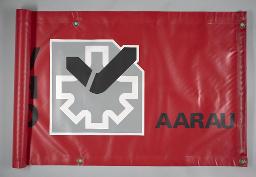 "SMUV – FTMH – FLMO – Aarau", Banner aus roter Lastwagenplane der SMUV-Sektion Aarau, Grösse: 170cm/80cm – um 1990