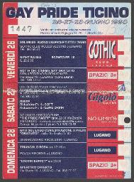 "Gay Pride Ticino – 26-27-28 Giugno 1998", Veranstaltungsprogramm – Flyer der Gay Pride Ticino für das Pridewochenende vom 26.–28.06.1998 (um Mai/Juni 1998, Ticino)