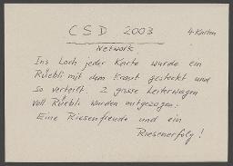 "CSD 2003 – Network – 4 Karten – Ins Loch jeder Karte wurde ein Rüebi mit dem Kraut gesteckt und so verteilt. 2 grosse Leiterwagen voll Rüebli wurden mitgezogen: Eine Riesenfreude und ein Riesenerfolg!" – Aktion am Christopher-Street-Day (CSD) 2003 vom Verein Network (Zürich)