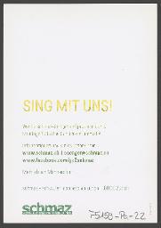 "Sing mit uns!", Kontaktangaben etc. – Werbeflyer des schwulen Männerchor Zürichs "schmaz" (um 2010, Zürich)