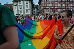 Gesamtschweizerische Lesbian&Gay Pride 2005: "Sowieso" (18.06.2005, Luzern) – Demonstrierende mit grosser Regenbogenflagge