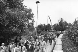 Marschkolonne anlässich der Kundgebung der Rheinaubewegung am 31.08.1952, im Hintergrund die Klosterkirche Rheinau. Auf einem Pfahl ist ein Gesslerhut zu sehen, an dessen Hutband  ein Blitz (als Symbol für Elektrizität, anstelle der Feder) geheftet ist.