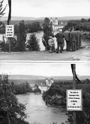"Auf dem Weg zum Klosterplatz..." – Plakate am Wegrand vor dem Hintergrund der Klosterinsel anlässlich der Kundgebung der Rheinaubewegung, 31.08.1952 
(vgl. auch F_5067-Fb-042)
