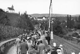 "Immer noch auf dem Weg zum Klosterplatz..." – Kolonne von Demonstrationsteilnehmern entlang der Flanke des Rheins, im Hintergrund die Bergkirche Rheinau, anlässlich der Kundgebung der Rheinaubewegung, 31.08.1952