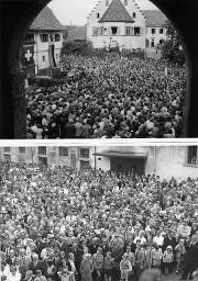 "ca. 15000 Männer und Frauen" – Blick über Menschenmeer und Rednerpult auf dem Klosterplatz in Rheinau anlässlich der Kundgebung der Rheinaubewegung, 31.08.1952