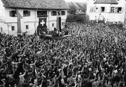 "Abstimmung über die Resolution" –  Blick über Rednerpult und Menschenmeer beim Erheben der Hände zur Stimmabgabe auf dem Klosterplatz in Rheinau anlässlich der Kundgebung der Rheinaubewegung, 31.08.1952. Kundgebung der Rheinaubewegung, 31.08.1952
