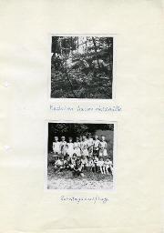 Ferienlager in der Westschweiz, oben: Mädchen bauen Waldhütte, unten: Sonntagsausflug (Gruppenfoto), ca. 1960