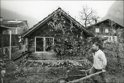 Auftragsvermittlungsstelle "Apropos" in Interlaken-West Unterseen, Mann bei der Gartenarbeit mit einer Schubkarre, November 1993