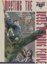 "Meeting the needs of young people / 150 Jahre für die Jugend". Programmplakat der Fest-Aktivitäten im Jubiläumsjahr 1994 in Zürich und Winterthur; Variante mit Pfadfinder, am Seil schwingend.
(Ausführlichere Informationen auf der Rückseite)