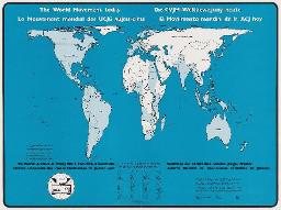 "Die CVJM-Weltbewegung heute" – Verzerrte kartografische Projektion der Kontinente mit blau markierten Nationen mit CVJM/YMCA-Bewegung (Young Men's Christian Associations), ca. 1985