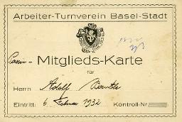 "Arbeiter-Turnverein Basel-Stadt: Mitgliedskarte" – Mitgliederausweis der Basler Sektion des Schweizerischen Arbeiter-Turn- und Sportverband (SATUS), lautend auf Passivmitglied Adolf Bantle; 06.02.1932