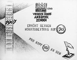 "1907 - Verein Stadtarbeiter Zürich erhöht seinen Monatsbeitrag auf 70 [Rappen] - pro Kopf 15 [Rappen] an den VGSA"