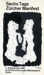 Zürcher Manifest 4.-9. September 1968, Wandzeitung; Zeichnung mit dem vorgedrucktem Titel "Sechs Tage Zürcher Manifest"; Zeichnung mit schwarzem Stift; zwei Figuren (Vögel?), die sich gegenüber stehen; die Zeichnung ist mit "U. Rathgeb" signiert.