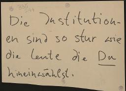Zürcher Manifest 4.-9. September 1968, handbeschriebenes Plakat (Wandzeitung); "Die Institutionen sind so stur wie die Leute die Du heineinlässt."