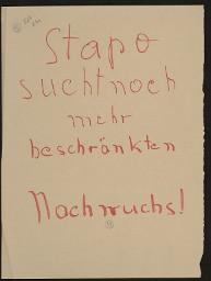 Zürcher Manifest 4.-9. September 1968, handbeschriebenes Plakat (Wandzeitung); "Stapo such mehr beschränkten Nachwuchs!"