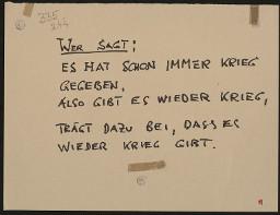 Zürcher Manifest 4.-9. September 1968, handbeschriebenes Plakat (Wandzeitung); "Wer sagt: Es hat schon immer Krieg gegeben, als gibt es wieder Krieg, trägt dazu bei, dass es wieder Krieg gibt."