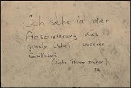 Zürcher Manifest 4.-9. September 1968, handbeschriebenes Plakat (Wandzeitung); "Ich sehe in der Absonderung das grösste Übel unserer Gesellschaft (siehe Pfarrer Frener) - BE.