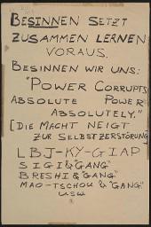 Zürcher Manifest 4.-9. September 1968, handbeschriebenes Plakat (Wandzeitung); "Besinnen setzt zusammen lernen voraus. Besinnen wir uns: 'Power corrupts absolute Power absolutely.' (Die Macht neigt zur Selbstzerstörung)