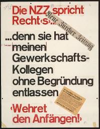 Zürcher Manifest 4.-9. September 1968, handbeschriebenes Plakat (Wandzeitung); "Die NZZ spricht Recht's ... denn sie hat meinen Gewerkschaftskollegen ohne Begründung entlassen - 'Wehret den Anfängen!'"