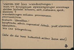 Zürcher Manifest 4.-9. September 1968, handbeschriebenes Plakat (Wandzeitung); "Warum nur hier Wandzeitungen? (...) Wandzeitungen müssen provozieren. provoca(c)tion. deshalb: überallhin! Hauptwache, Schule, Regensdorf, Fabrik, Puff, Züritram, überallhin, bis ins Bürgerhirn (falls die das lesen hoffentlich selber keine sind)"