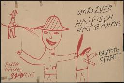 Zürcher Manifest 4.-9. September 1968, handbeschriebenes Plakat (Wandzeitung); "Und der Haifisch hat Zähne - Demonstrant - Ruth Haug  91 jährig"