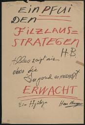 Zürcher Manifest 4.-9. September 1968, handbeschriebenes Plakat (Wandzeitung); "Ein Pfui den Filzlausstrategen - Erwacht - Alles zeigt mir, dass die Jugend erwacht (ein 77 jähriger)"