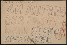 Zürcher Manifest 4.-9. September 1968, handbeschriebenes Plakat (Wandzeitung); "Am Anfang der Bundeswehr stand eine grosse (?) - 'Den inneren Schweinehund zertreten' - Friedrich der Grosse"