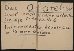 Zürcher Manifest 4.-9. September 1968, handbeschriebenes Plakat (Wandzeitung); "Das a-Atelier sucht noch einige arbeitsfreudige Mitarbeiter. Interessenten können sich im Parterre melden."