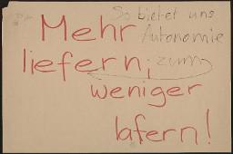 Zürcher Manifest 4.-9. September 1968, handbeschriebenes Plakat (Wandzeitung); "Mehr liefern, weniger lafern!"