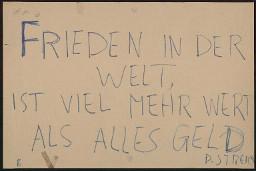 Zürcher Manifest 4.-9. September 1968, handbeschriebenes Plakat (Wandzeitung); "Frieden in der Welt, ist viel mehr wert als alles Geld"