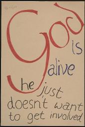 Zürcher Manifest 4.-9. September 1968, handbeschriebenes Plakat (Wandzeitung); "God is alive, he just doesn't want to get involved"