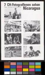 "7 CH-FotografInnen sehen Nicaragua". Plakat zur Wanderausstellung Sieben Schweizer FotografInnen in Nicaragua unter dem Patronat der Schweizerischen Journalisten-Union (SJU)